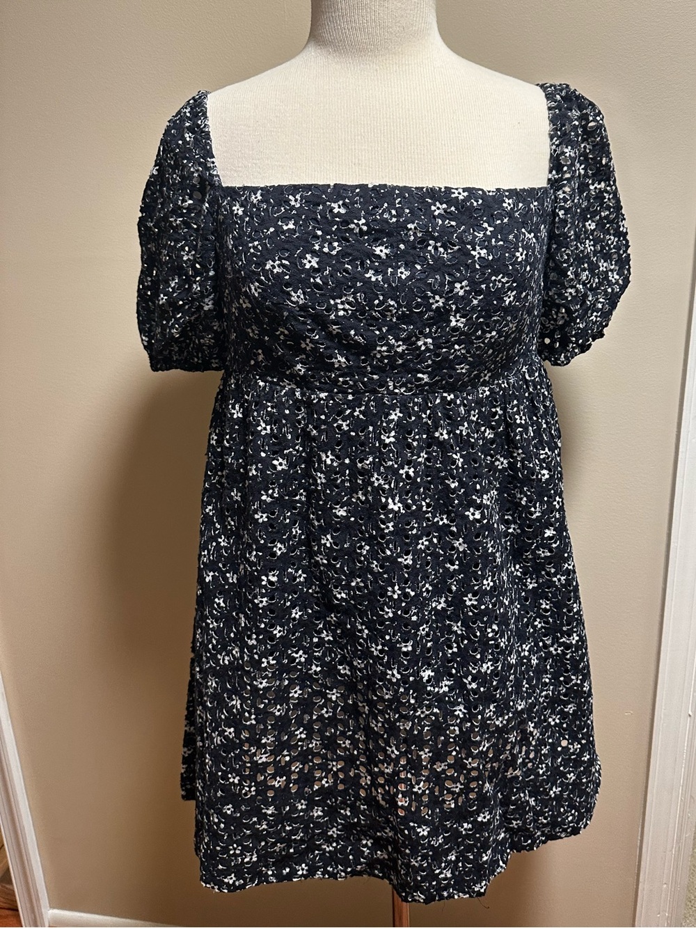 Maeve Navy Floral Square-Neck Puff Sleeve Mini Dress